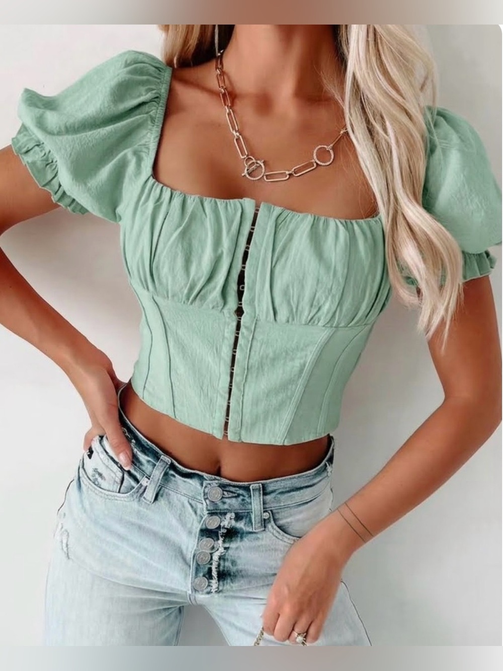 HYFVE Sage Green Cotton Puff Sleeve Corset Crop Top Square Neck Hook & Eye M